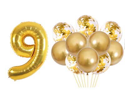 Н-р воздушных шаров цифра 9 фольгир. 32", 6 прозр. с конфетти 12", 6 латекс. 12", цвет золото - фото 10957