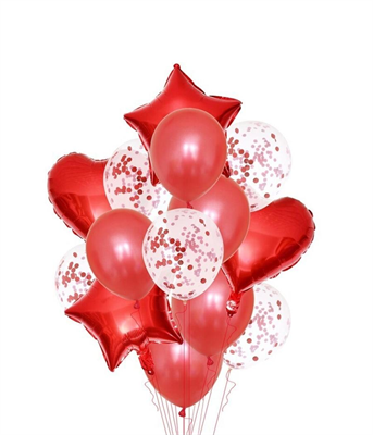 Н-р шариков микс с конфетти, с фольгированием, сердца и звезды, 14шт, цвет красный - фото 13215