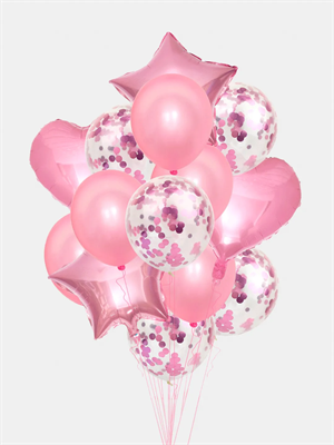 Н-р шариков микс с конфетти, с фольгированием, сердца и звезды, 14шт, цвет розовый - фото 13220