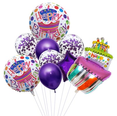 Н-р воздушных шаров Happy Birthday, фольгированные, латексные, с конфетти, Торт - фото 13385