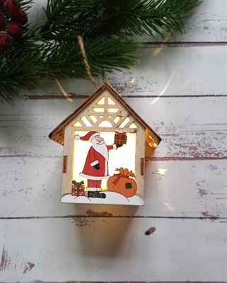 Фонарик новогодний "Домик", деревянный, с подвесом, 5,5*8см - фото 13504
