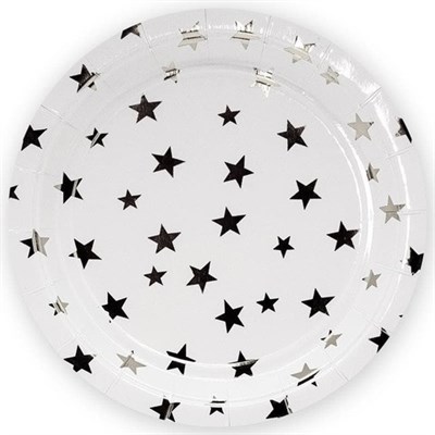 Н-р одноразовых тарелок 23см 10шт, цв белый с серебряными звездами, ассорти - фото 15648