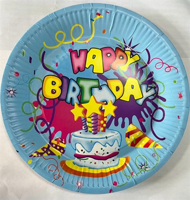 Тарелки бумажные Happy birhtday тортик, цв.голубой, 18см 10шт  - фото 15676