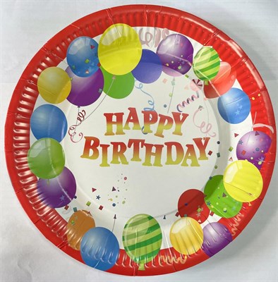 Тарелки бумажные Happy birhtday шарики, красная кайма, 18см 10шт  - фото 15679
