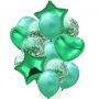 Н-р шариков микс с конфетти, с фольгированием, сердца и звезды, 14шт, цвет зеленый - фото 19736