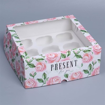 Коробка складная на 9 капкейков с окном «Розы», 25х25х10см - фото 20470