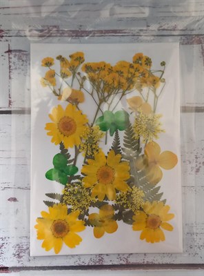 Декор Сухоцветы мини "цветочки" ассорти 10*14см, желтый микс+папоротник - фото 20510