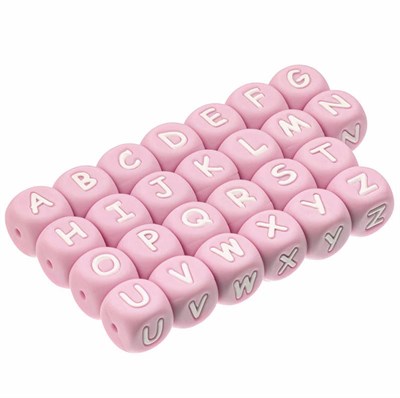Бусина силиконовая куб с буквой " Е" цвет розовый 12 мм - фото 22575
