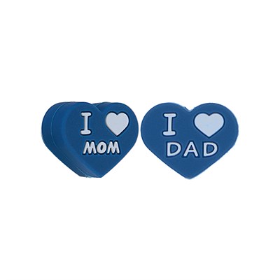 Бусина силиконовая Сердце с надп. "I love mom - I love dad" цв. синий  - фото 22606