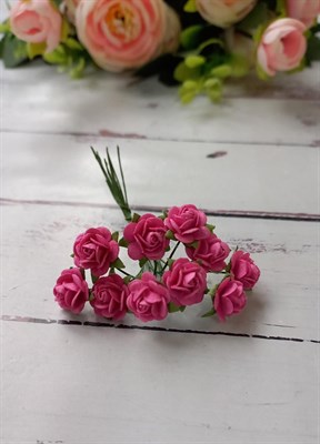 Тайские бумажные цветы розы 1,2см на стебельке,ярко-розовые уп.10шт  - фото 23429