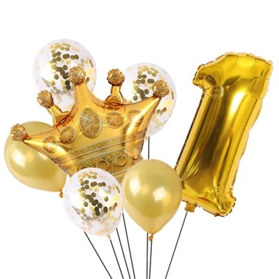 Н-р воздушных шаров цифра 1 фольгир. 32", 5 латекс. 12", корона фольгир. 32", цвет золото - фото 26595