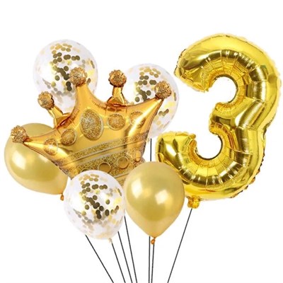 Н-р воздушных шаров цифра 3 фольгир. 32", 5 латекс. 12", корона фольгир. 32", цвет золото - фото 26597