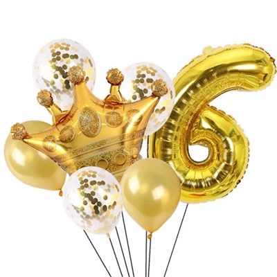 Н-р воздушных шаров цифра 6 фольгир. 32", 5 латекс. 12", корона фольгир. 32", цвет золото - фото 26599