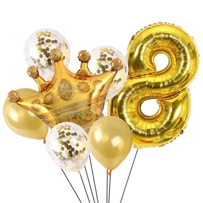 Н-р воздушных шаров цифра 8 фольгир. 32", 5 латекс. 12", корона фольгир. 32", цвет золото - фото 26601