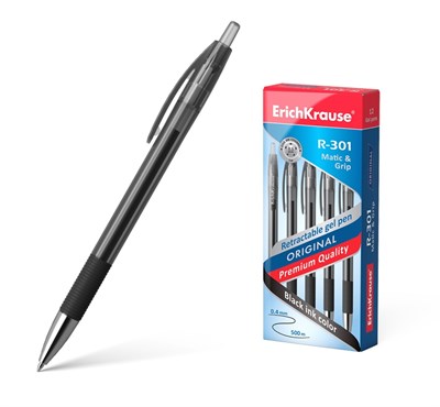 Ручка гелевая ErichKrause R-301 Original Gel Matic & Grip чёрная, 0,5мм, автомат - фото 32406