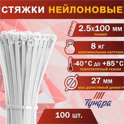 Хомут нейлоновый д/стяжки, ТУНДРА, 2.5*100мм, белый, 100шт 1330 - фото 41892