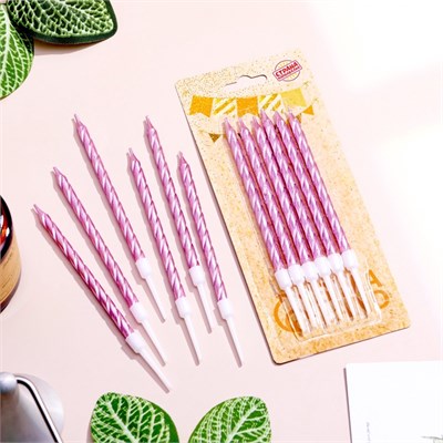 Свечи в торт витые с подставкой, 6шт, 11см, розовый блик 125535