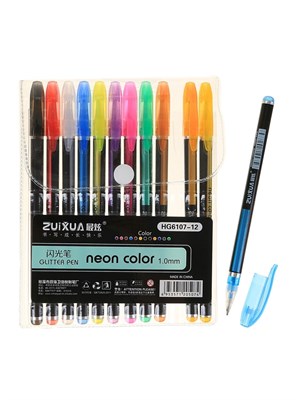 Н-р гелевых ручек, 12цв, корпус чёрный в полоску в стержень, в блистере на кнопке 125588