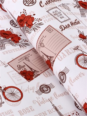 Бумага упаковочная крафт белый "Париж, с Любовью!", красный, 0.72*10м, 60гр 125759