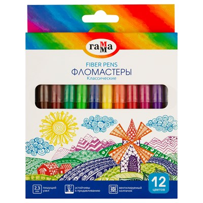 Фломастеры Гамма "Классические", 12цв., смываемые, картон. упак., европодвес 6217