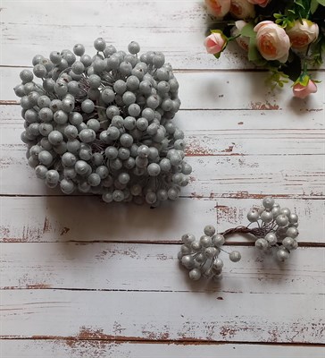 Декоративные ягоды в сахаре 11мм уп.10 пучков цв. серебро - фото 5612