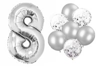 Н-р воздушных шаров цифра 8 фольгир. 32", 6 прозр. с конфетти 12", 6 латекс. 12", цвет серебро