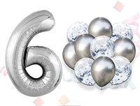 Н-р воздушных шаров цифра 6 фольгир. 32", 6 прозр. с конфетти 12", 6 латекс. 12", цвет серебро