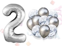 Н-р воздушных шаров цифра 2 фольгир. 32", 6 прозр. с конфетти 12", 6 латекс. 12", цвет серебро