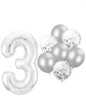 Н-р воздушных шаров цифра 3 фольгир. 32", 6 прозр. с конфетти 12", 6 латекс. 12", цвет серебро