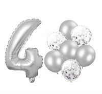 Н-р воздушных шаров цифра 4 фольгир. 32", 6 прозр. с конфетти 12", 6 латекс. 12", цвет серебро