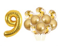 Н-р воздушных шаров цифра 9 фольгир. 32", 6 прозр. с конфетти 12", 6 латекс. 12", цвет золото