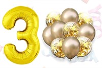 Н-р воздушных шаров цифра 3 фольгир. 32", 6 прозр. с конфетти 12", 6 латекс. 12", цвет золото