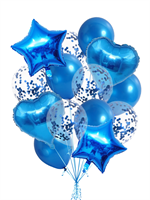 Н-р шариков микс с конфетти, с фольгированием, сердца и звезды, 14шт, цвет голубой