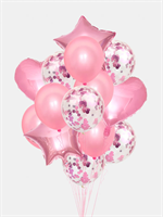 Н-р шариков микс с конфетти, с фольгированием, сердца и звезды, 14шт, цвет розовый