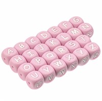 Бусина силиконовая куб с буквой " A " цвет розовый 12 мм