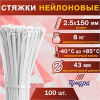 Хомут нейлоновый д/стяжки, ТУНДРА, 2.5*150мм, белый, 100шт 125382