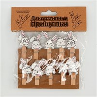 Прищепки декоративные с верёвкой д/подвеса «Зайчики» 10шт, 1.5*12*14см 7398