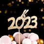 Топпер деревянный "Символ года 2023", золотой, "Заяц за цифрой" - фото 10170