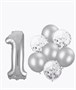 Н-р воздушных шаров цифра 1 фольгир. 32", 6 прозр. с конфетти 12", 6 латекс. 12", цвет серебро - фото 10954